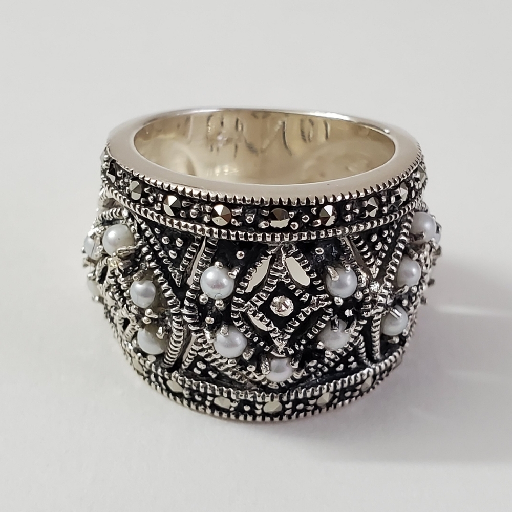 Sterling Silver 925 Marcasite Pearl Ring